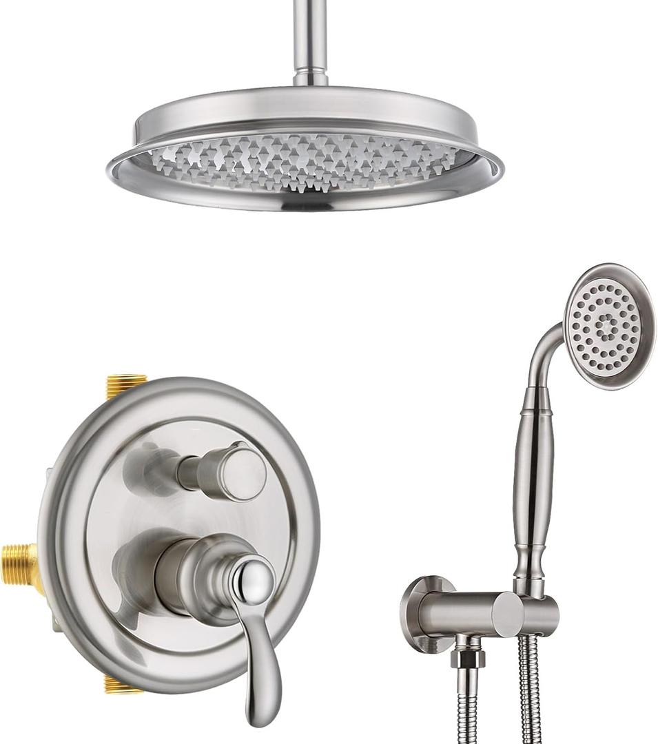 Antique Shower Faucet-Sets Complete: Ceiling Mount Rain Shower System, 9 inch Rainfall Head and Handheld Spray, 2 Way Diverter Brass Rough in Valve with Trim Kit, Brushed Nickel