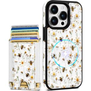Shorogyt for iPhone 15 Pro Max Case Wallet - Fits 5 Cards, Compatible with Magsafe Detachable Magnetic Credit Card Holder Leather Cardholder Cute Phone Cover Women Girl for Apple 15 ProMax, Bee Flower