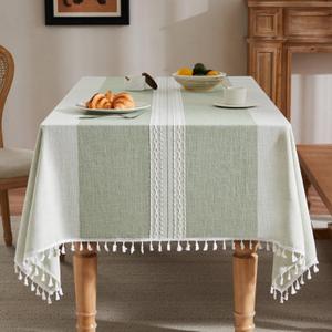 ZeeMart Contrast Linen Table Cloth Rectangle Table Cloths 52x70 Inch Mid-Stripe Green, Farmhouse Style Heavy Weight Sage Green Tablecloth, Water Resistant Burlap Tablecloths