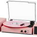Vinyl Record Player with Bluetooth and External Stereo Speakers, | Vinyl to MP3 Converter | 3-Speed Turntable with USB Recording, AUX Input, RCA Output, Headphone Jack, Auto Stop, Pink