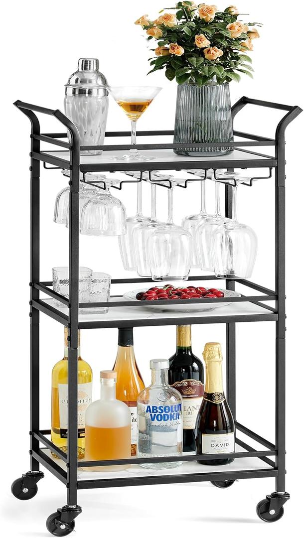 VASAGLE Bar Cart with 3-Tier Shelf, Wine & Glass Holders, Mini Bar for Small Spaces, Black