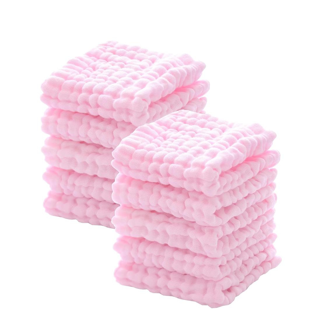 MUKIN Baby Washcloths - Natural Cotton Baby Wipes - Soft Newborn Face Towel for Sensitive Skin - 10 Pack, 12x12 inches (Pink)