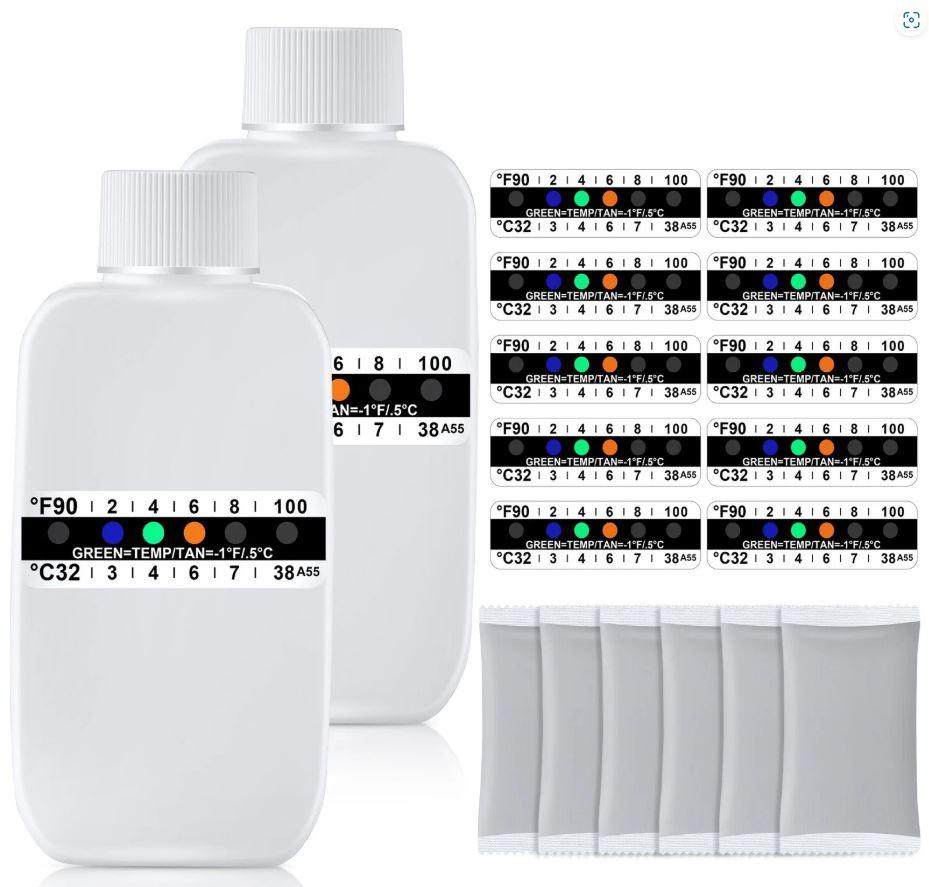 Dunkive 18pcs Urine Test Complete Kit Includes 2pcs 3.3oz/100ml Translucent Bottle, 10pcs Adhesive Urine Temperature Test Strips, 6pcs Warmer Pack for Urine Insulation, Portable Urine Test Kit at Home