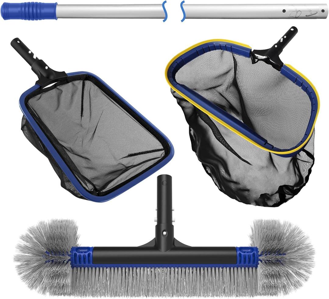 5-in-1 Pool Cleaning Kit - Includes Semi-Deep Skimmer Net, Aluminum Leaf Rake, 20' Pool Brush with 13ft Adjustable Pole