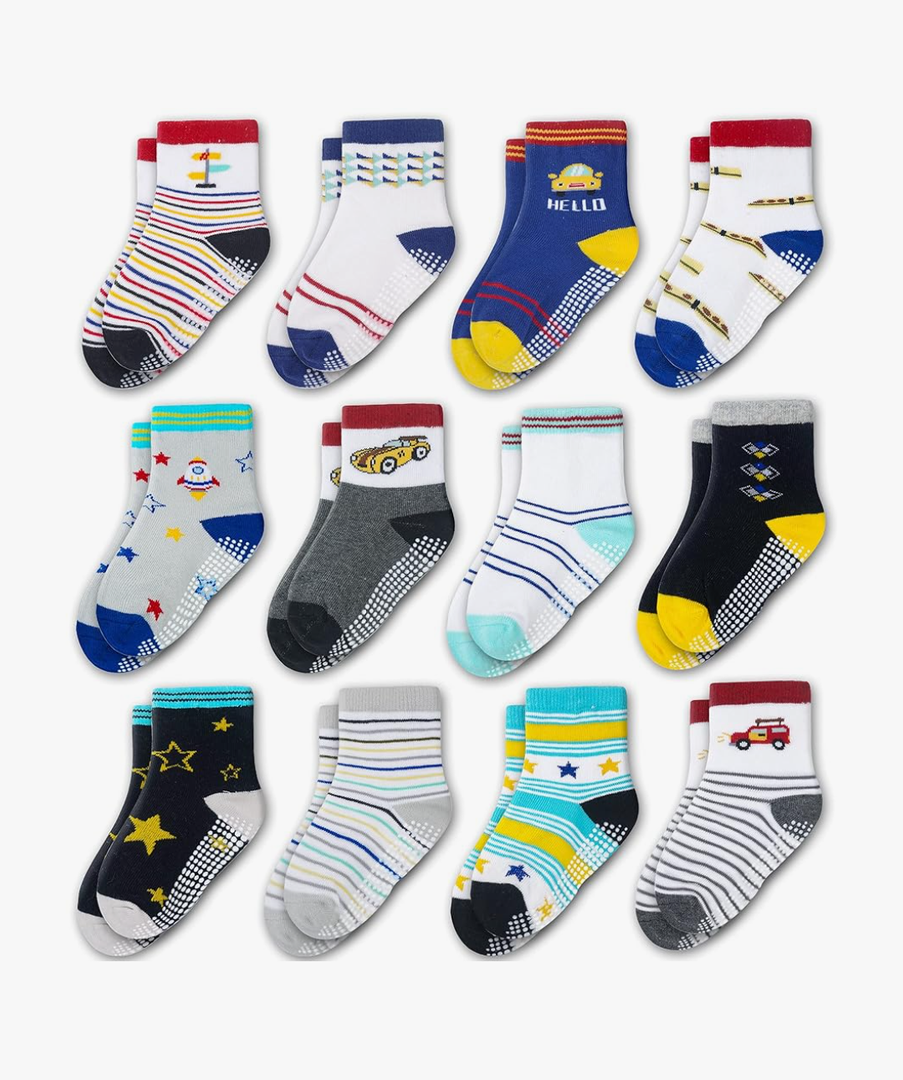 Evercute Toddler Girls Grip Socks 12 Pack Boys Non Slip Socks for Kids Anti Skid