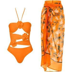 IBAKOM Three Pieces Swimsuits for Women with Matching Wrap Skirt Swim Top Tummy Control Bikini Bottom Mesh Sheer Cover Ups (Small, Orange Halter (2pcs))