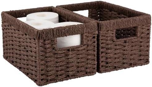 OIAHOMY Wicker Baskets, Paper Rope Storage Baskets for Organizing with Built-in Handles, 2 Packs-Brown
