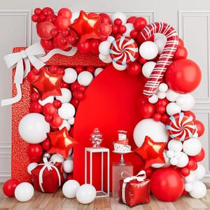 HOUSE OF PARTY Christmas Balloons Garland Kit | Red and White Christmas Balloons Arch Kit with Candy Cane and Gold Star Foil Balloons for Xmas Party Decoration