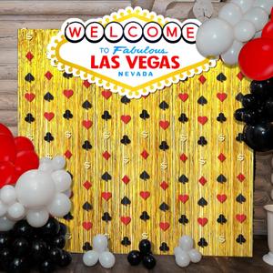 Wonderjune 16 Pcs Casino Theme Party Decor Black and Red Poker Night Backdrop Las Vegas Poker Night Backdrop Gold Foil Fringe Curtain Stereo Casino Welcome to Fabulous Banner for Birthday Dress-up