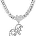 Initial Necklaces Silver Cuban Link Chain for Women Iced Out Chain with Heart Letter Pendants Custom Chain Name Necklace Hip Hop Jewelry Gift