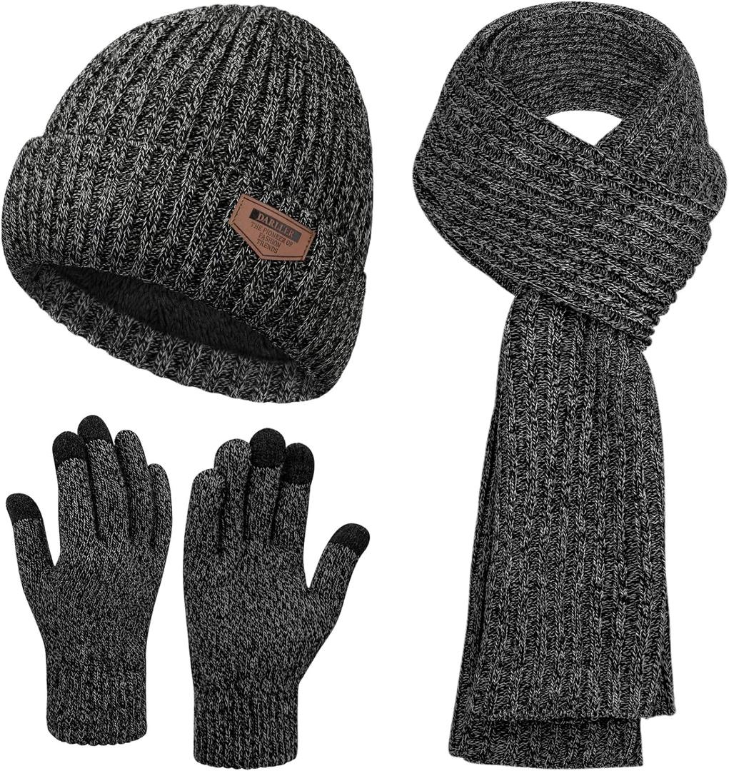 2 x Mens Hat and Gloves Set, Warm Beanie Knit Long Scarf Fleece Lined Winter Hats Touchscreen Gloves for Men (Style A-grey Black)