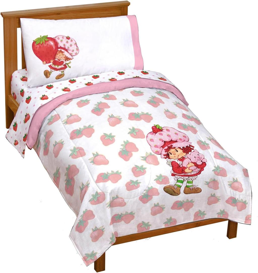 Jay Franco Strawberry Shortcake Toddler Comforter Set - 4 Piece Bedding Includes Sheet Set & Pillow Cover - Super Soft Pink & White Kids Bedding