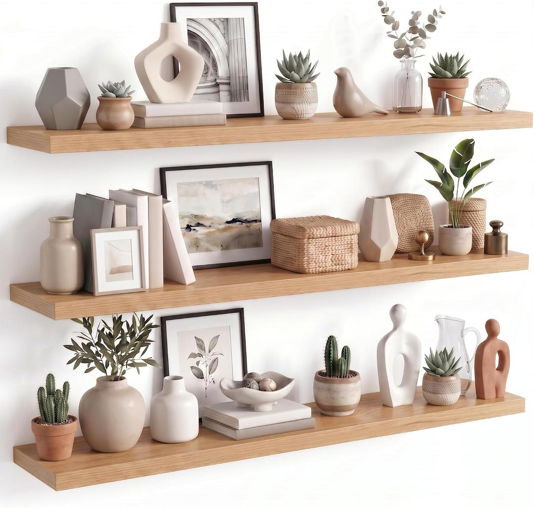 WOPITUES Long Floating Shelves 56", 3 Pcs Wall Shelves, Invisible Brackets, 56in