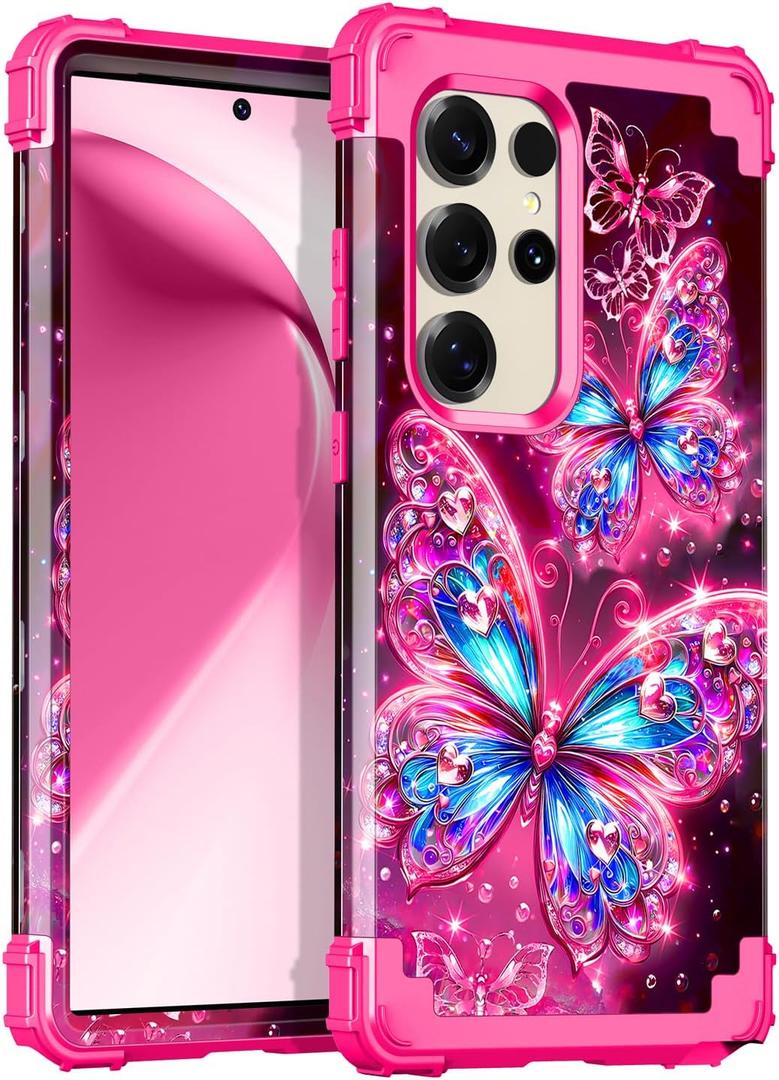 Miqala for Galaxy S25 Ultra 5G Case,Glow in The Dark Three Layer Heavy Duty Shockproof Full Protection Hard Plastic Bumper+Soft Silicone Protective Case for Samsung Galaxy S25 Ultra 6.9 inch,Pink