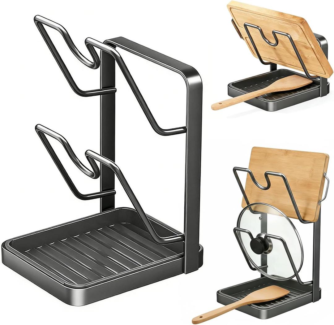 Pot Lid Holder,304 Stainless Steel Pot Lid Holder While Cooking,Kitchen Pot Lid Storage Rack, Removable Drip Tray, Multifunctional Kitchen Organizer Stand for Countertop (Gray, Double-layer)