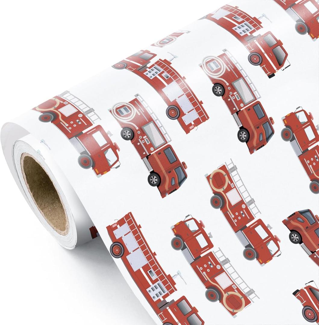 WRAPAHOLIC Fire Truck Wrapping Paper Roll - Mini Roll - 17 Inch x 16.5 Feet - Red Fire Engine Car Wrapping Paper, Perfect for Kids Boys Birthday, Baby Shower