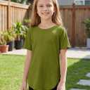 CharmWM Girls Short Sleeve T Shirts Kids Summer Crewneck Curved Hem Tunic Tops Basic Tee (Green)