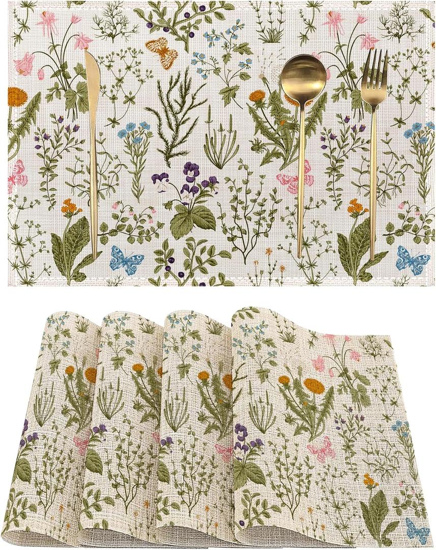 Vintage Herbs Flowers Placemats Set of 4, Garden Place Mats Heat Resistant Washable Non-Slip Table Mats for Party Kitchen Dining Decor 12x18 Inch