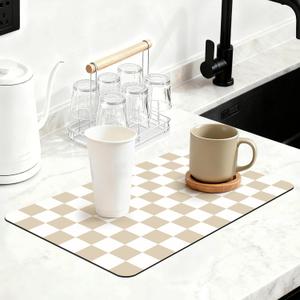 12" x 20" Checkered Dish Drying Mat for Kitchen Counter, Absorbent Coffee Bar Mat for Espresso Machine Coffee Countertops Accessories, Beige