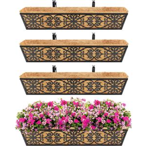 4 Pack 30 Inch Window Boxes Planters Railing Planter Box with Adjustable Brackets & Coco Liners Fabric Plant Grow Bags Deck Railing Planter Boxes Balcony Hanging Flower Box for Outdoor Plants