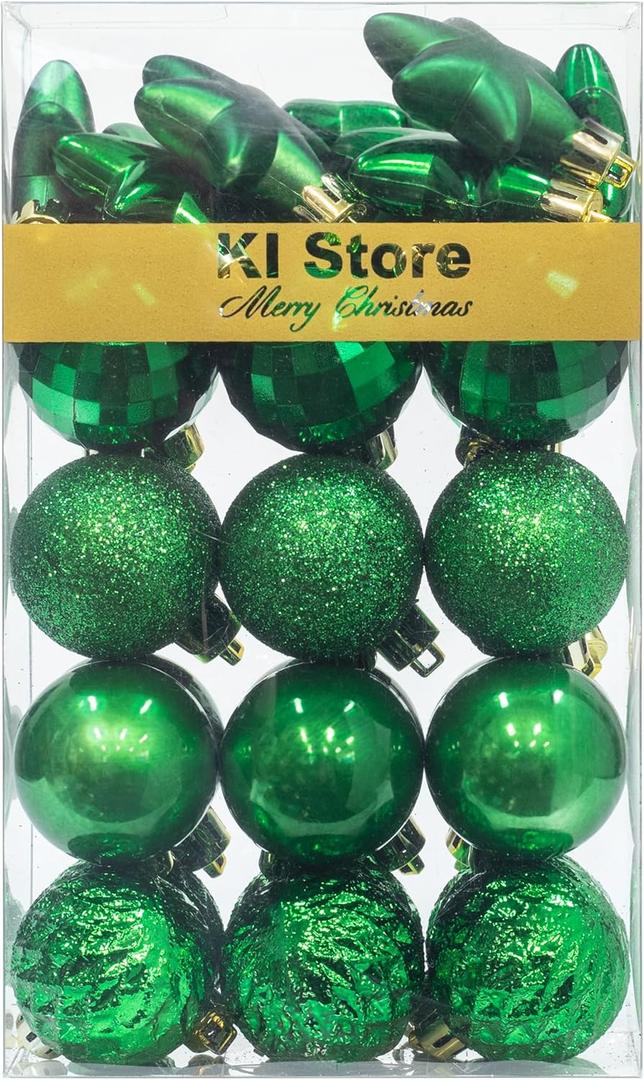 KI Store Green Christmas Balls 34pcs 1.57-Inch Small Christmas Tree Decoration Ornaments for Xmas Tree Holiday Wreath Garland Decor Ornaments Hooks Included