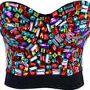 Charmian Women's Colorful Rhinestone Push Up Bra Clubwear Party Bustier Crop Top Valentines Bra Top Black Large