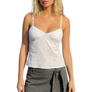 Women Y2k Babydoll Tank Tops Lace Trim V Neck Crop Cami Spaghetti Strap Peplum Top Summer Cute Aesthetic Flowy Shirts (White, S)
