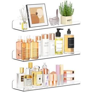Qukaka Floating Shelves for Wall Decor, 15" Extra Clear Wall Shelves for Bedroom, Living Room, Kitchen, Bathroom Decor, Nail Polish/Book/Decoration/Makeup/Perfume Organizer Floating Shelf-3Pack