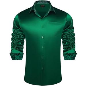 DiBanGu Mens Satin Dress Shirts Casual Long Sleeve Button Down Shirt Regular Fit Wrinkle Free Shiny Shirts for Men Party Prom, Emerald Green, Medium