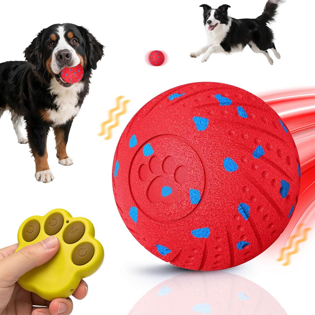 Remotely Controlled Smart Dog Ball: Automatic Bouncing, Vibration and Jumping Action Interactive Toy, Durable Duraspin for Aggressive Chewers, Rechargeable, for Indoor & Outdoor Use Red