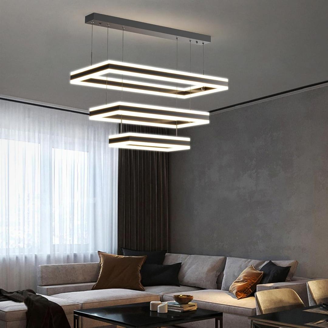Modern Chandelier, 3 Layer Rectangle Pendant Light Fixtures, 3000K-6500K Dimmable Kitchen Island Chandelier, Adjustable Height Ceiling Hanging Led Light for Dining Room, Living Room, Foyer (Black light up&down)