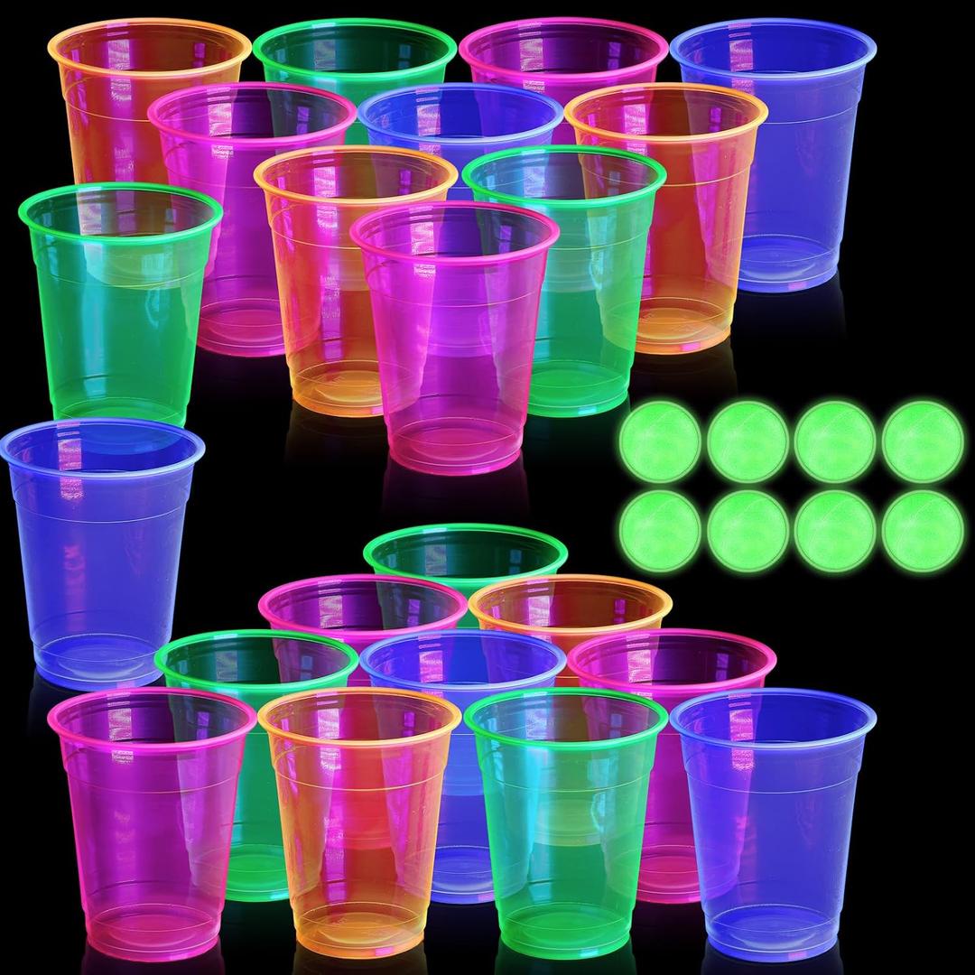 32 Pcs Glow in The Dark Party Table Tennis Game Set Include 24 Pcs Glowing Plastic Cups and 8 Balls for Indoor Outdoor Party Event Birthdays Weddings BBQ Parties