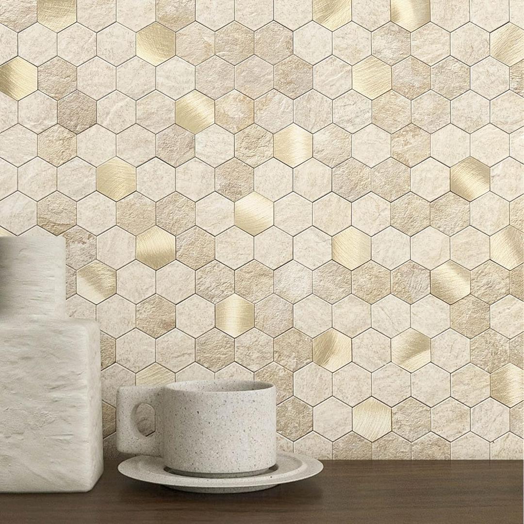 MOFIT Hexagon Peel and Stick Backsplash Tiles Kitchen,Self-Adhesive Metal and Marble Honeycomb Peel and Stick Wall Tiles Sticker Mosaic Heat Resistant(Beige,5sheets)