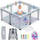 OCATO Baby Playpen: Foldable Playpen for Babies and Toddlers Large Play Pen Portable Playpen Fence Indoor Outdoor Kids Safety Area Travel Play Yard with 1 Storage Bag 4 Handlers 50 Balls (50"  50") (Light Grey)