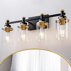 Modern Black & Gold Vanity Lights - 4 Light for Bathroom Over Mirror, Vintage Sconce with Clear Glass Shade