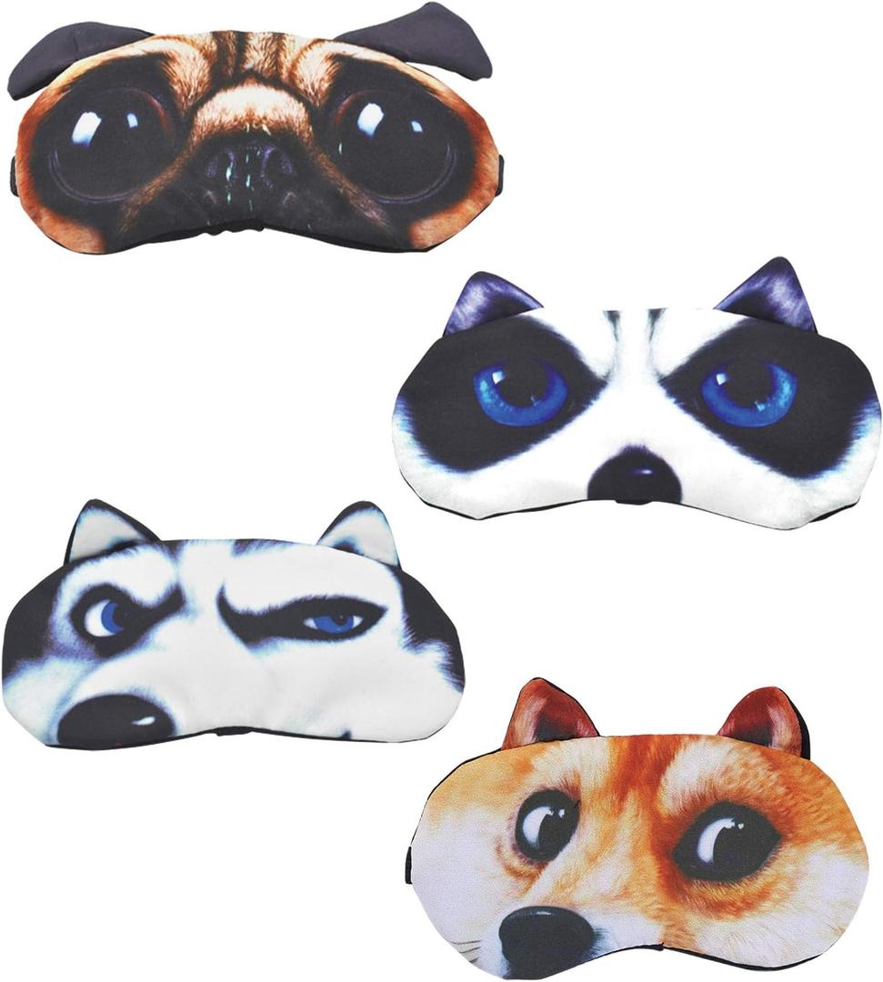 HYCLES 4 Pack Cartoon Animal Cute Sleep Eye Mask with Adjustable Strap Relaxed Sleeping Blackout Cat Dog Eye Cover Eyeshade for Kids Men Women Travel Rest/Blindfold Game