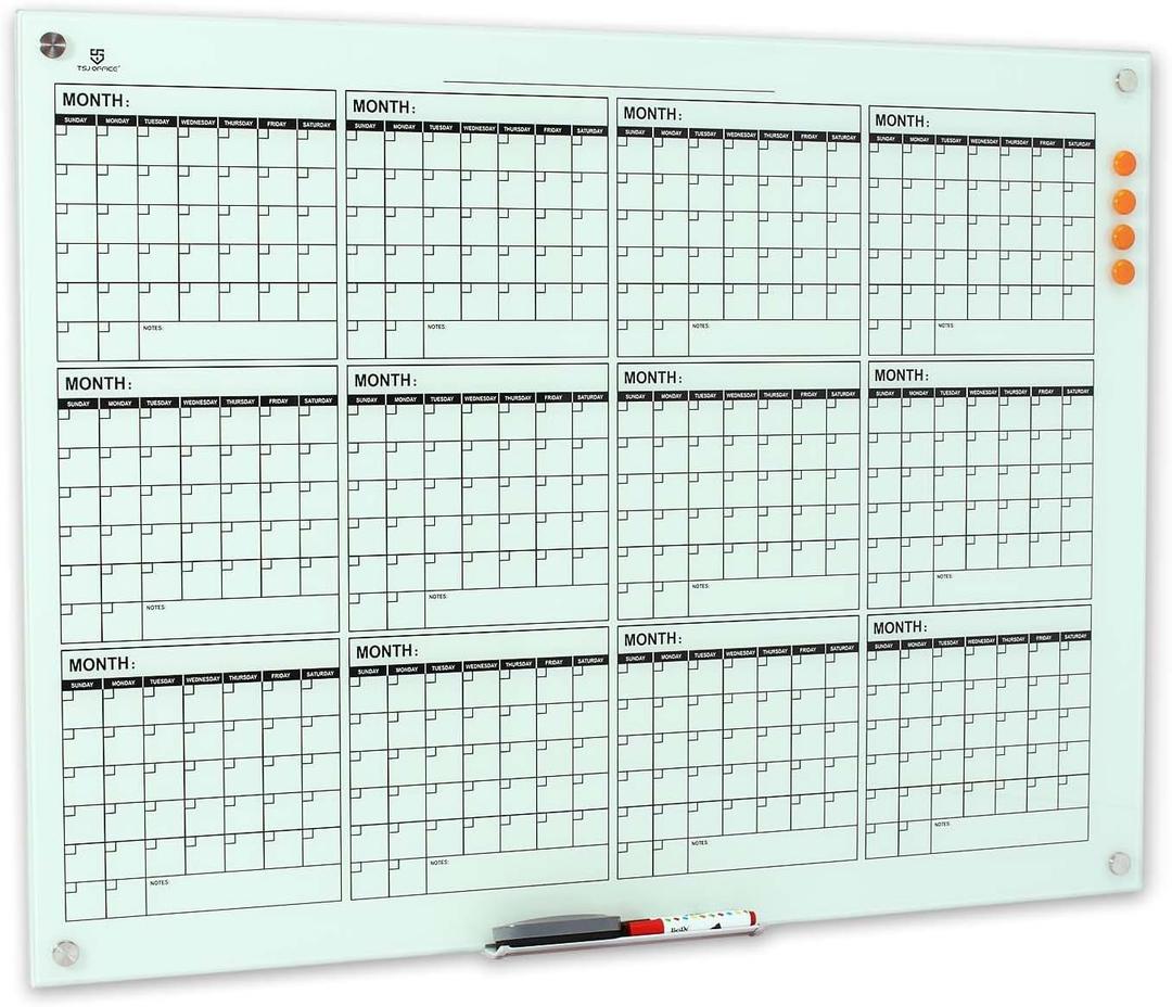 TSJ OFFICE Glass Calendar Whiteboard - 48 x 36 Inches Wall Mounted Dry Erase Yearly Planner for Wall, Large Magnetic Glass White Board for Office, Home & School