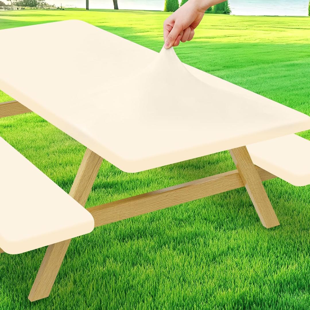 Moosfor Picnic Table Cover with Bench Covers, Elastic Fitted Spandex Tablecloths for 6 Foot Rectangle Tables, Stretch Washable Patio Tablecloth for Outdoor, Camping (Beige, 30"x72")