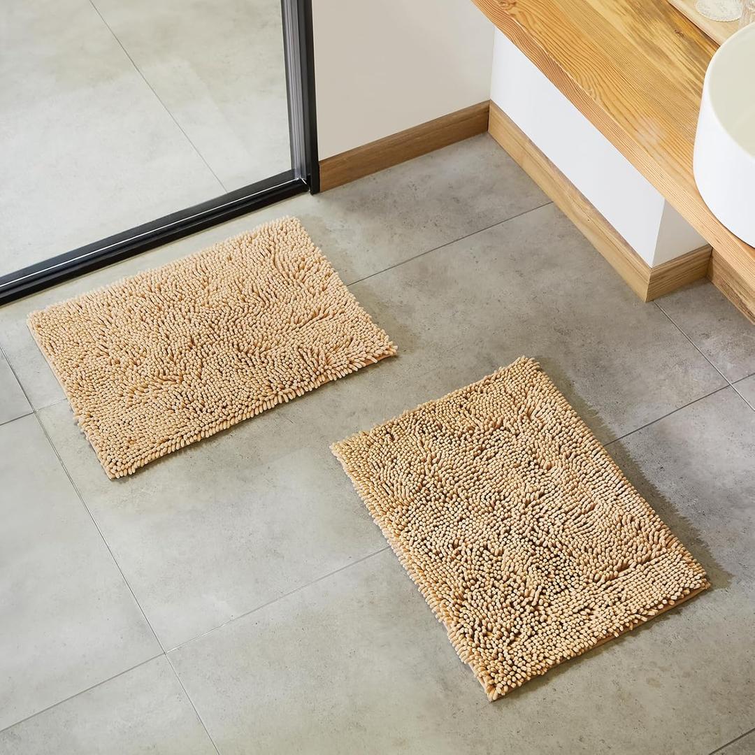 TECHMILLY Soft Fluffy Chenille Bathroom Rugs Sets 2 Pieces, Non Slip Absorbent Bath Mats for Bathroom, Washable and Quick Dry, Khaki, 17" x 24" (2 Pack)