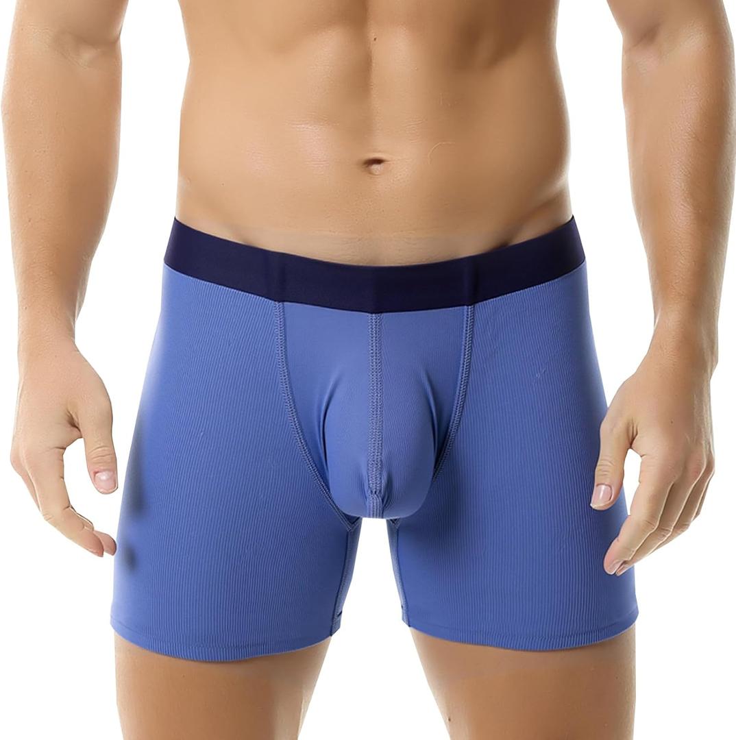 Evankin Men's Boxer Brief Underwear Ice Silk Mesh See Through Underpants Sports Extended Anti Crotch Shorts Running (Blue, L)