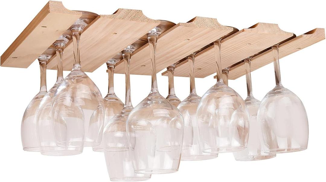 glass holder-a wooden glass rack and goblet storage rack installed under the cabinet or countertop (Natural color)