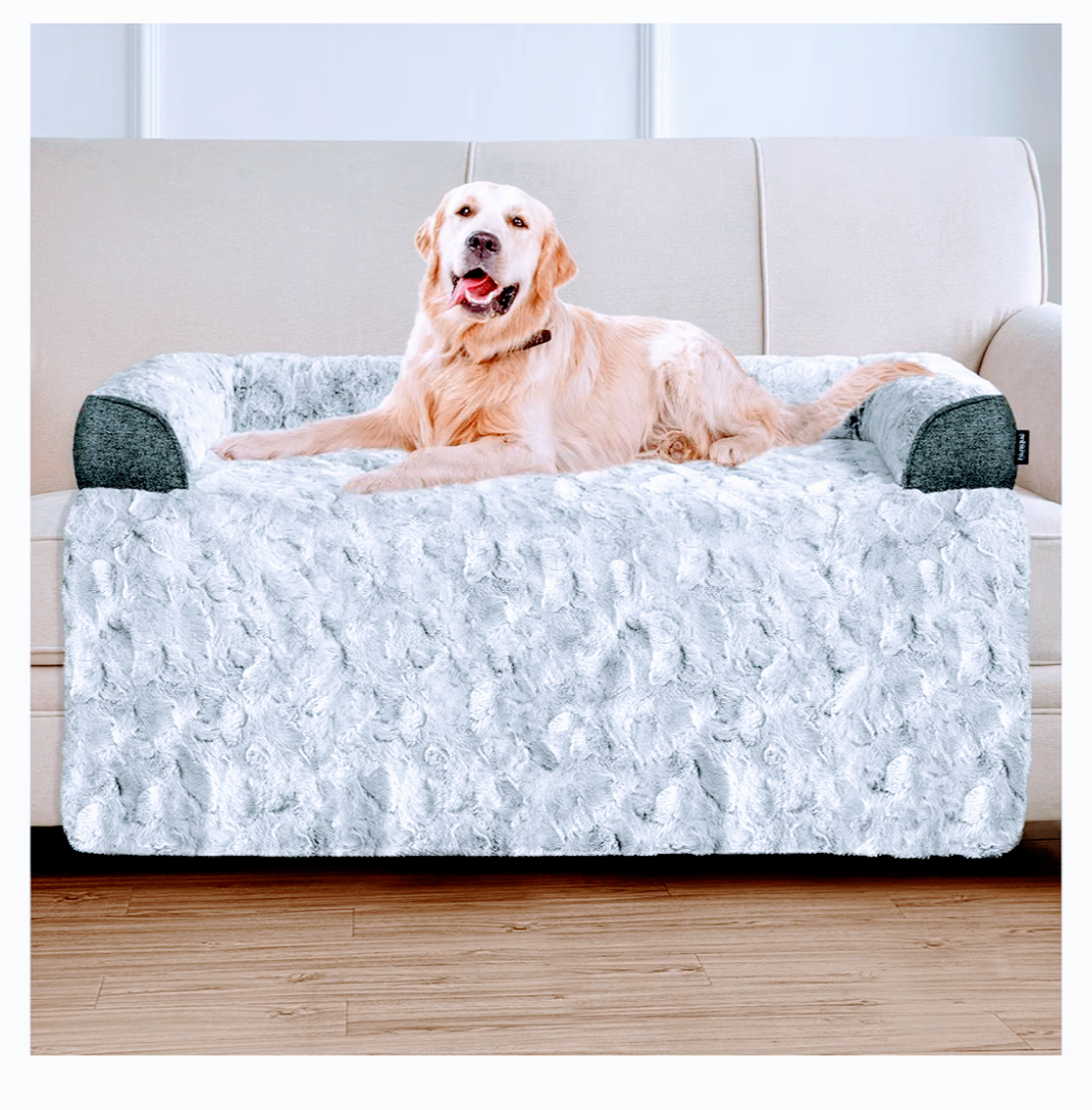 Calming Extra Large Dog Bed for Couch, 45 x 37 inch Removable Couch Cover for Dogs Washable, Non-Slip Fluffy Plush Dog Sofa Mat for Furniture Protector - Grey