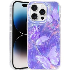 Compatible with iPhone 14 Pro Case,with [Shockproof Protective][Camera Protection] Cute Butterfly Aesthetic Phone Cover Anti-Yellowing Soft Slim Cover for Women Girl-Purple