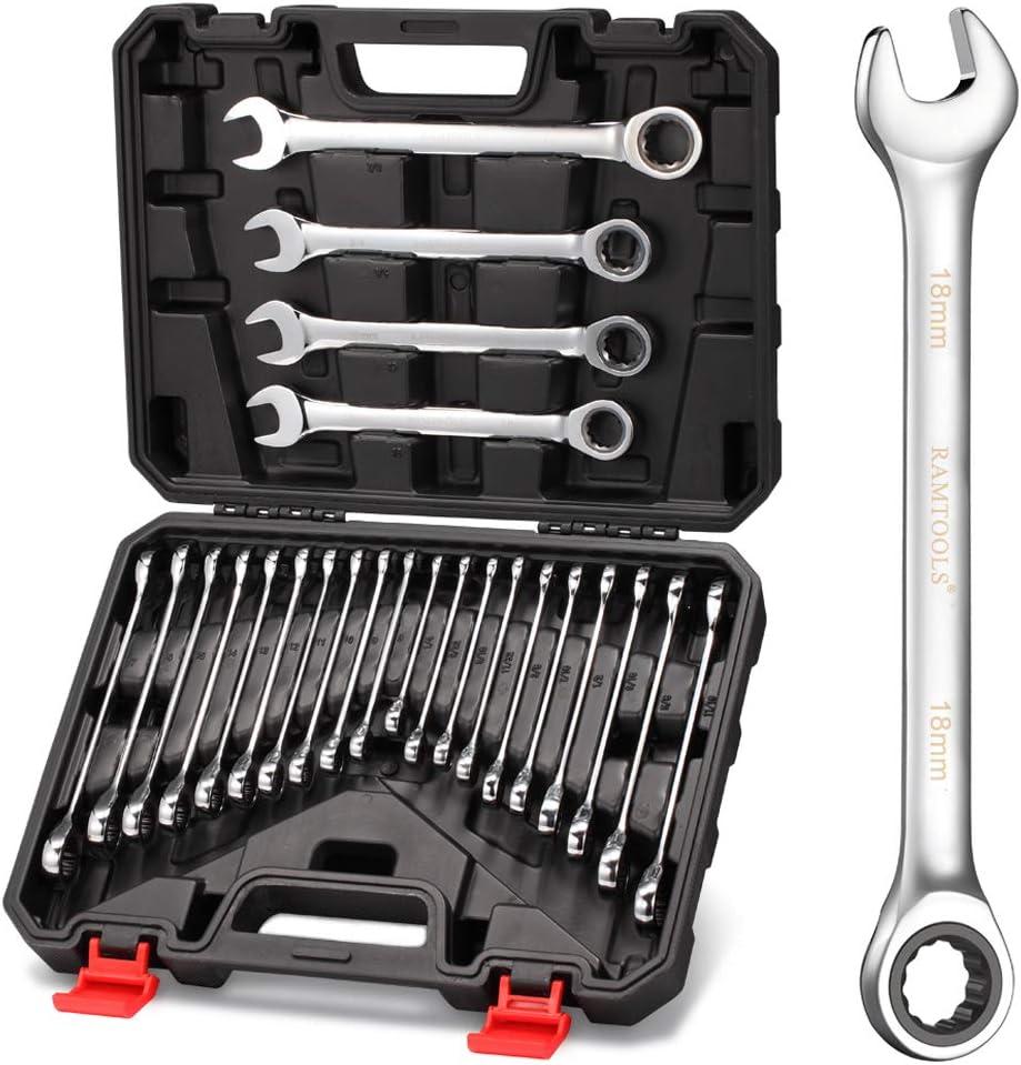 24-Piece Ratchet Wrenches Chrome Vanadium Steel Ratcheting Wrench Set with Metric and SAE 72-Tooth Box End and Open End Standard Wrench Set with Organizer Box