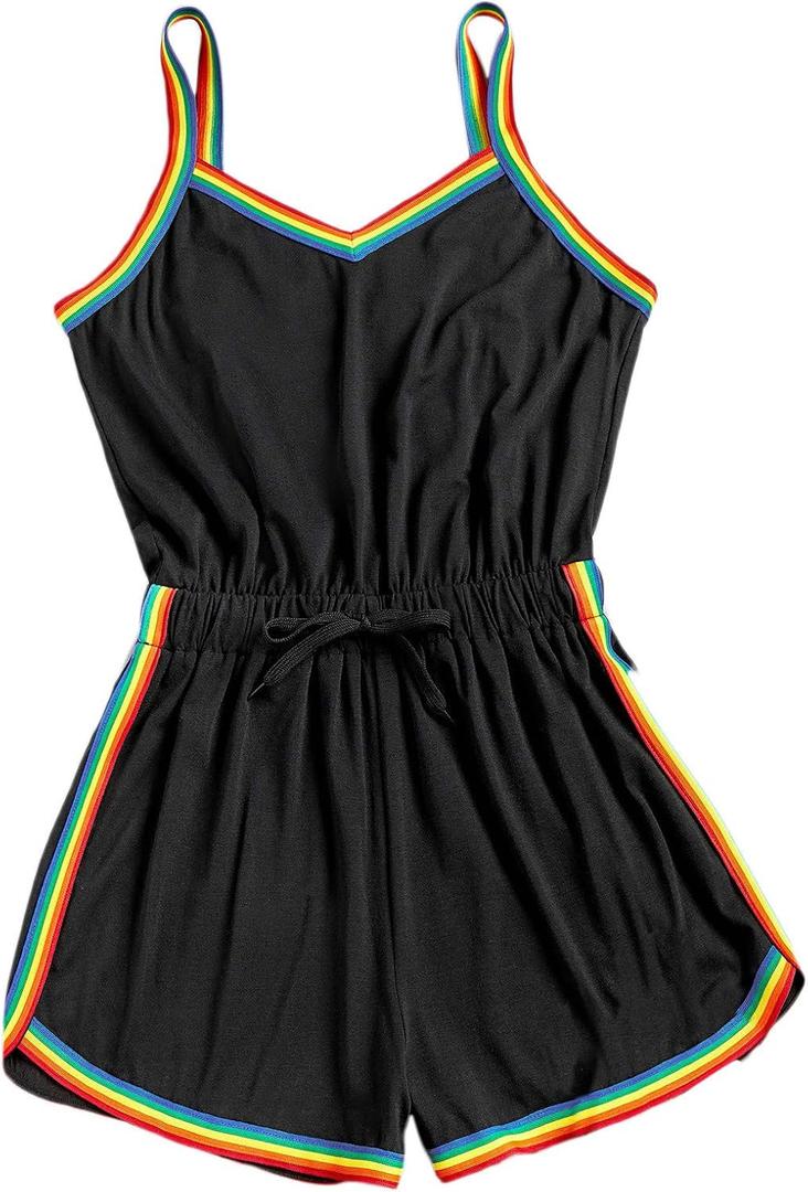 Milumia Women Casual Rainbow Stripe Print Cami Romper Knot High Waist Sport Jumpsuit (Black, L)