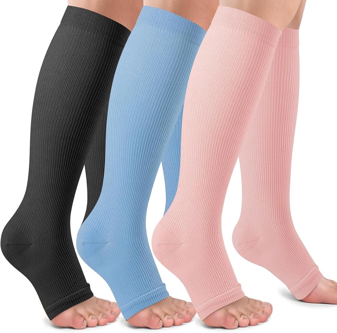 Open Toe Compression Socks Women & Men-3 Pairs 20-30 mmHg Knee High Stockings for Circulation Support