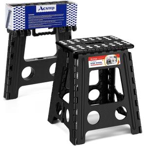 ACSTEP Folding Step Stool 16 Inch Heavy Duty Step Stool Foldable for Adults and Kids, Collapsible Stepping Stool with Handle, Non Slip Folding Stools for Kitchen Hold Up to 400lbs (Black 1PC)
