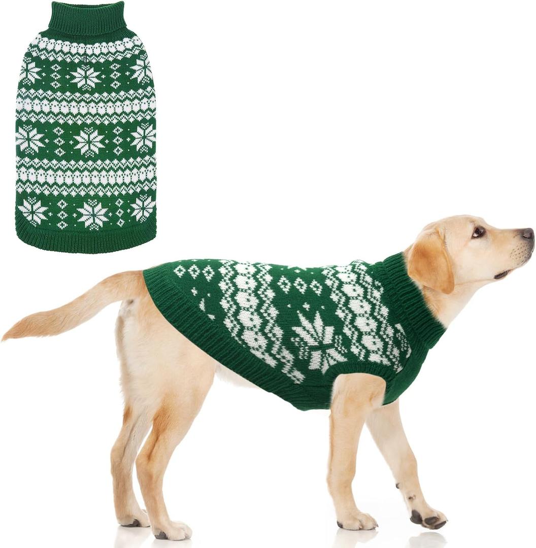 KOOLTAIL Cable Knit Dog Sweater Turtleneck, Cold Weather Pullover Classic Knitwear, Snowflake Pattern Thick Warm Winter Pet Clothes, Dog Christmas Sweater for Small Medium Large Dogs Cats, Green L