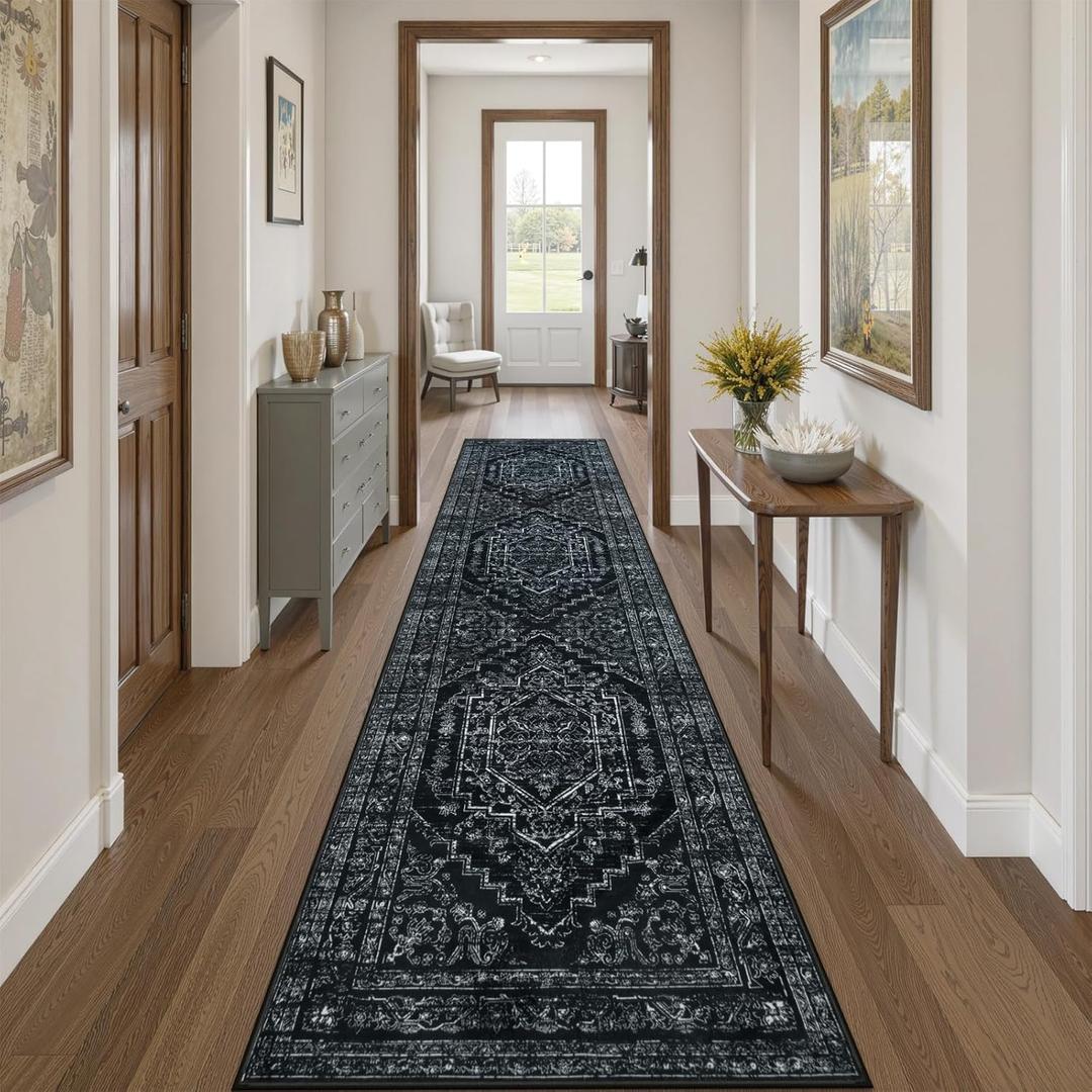 Uphome Long Runners for Hallways, 2'6x12 Washable Kitchen Runner Rug Non Slip, Traditional Soft Entryway Runner Rugs Low Pile, Stain Resistant Floor Carpet Runner for Hallway Bedroom, Black