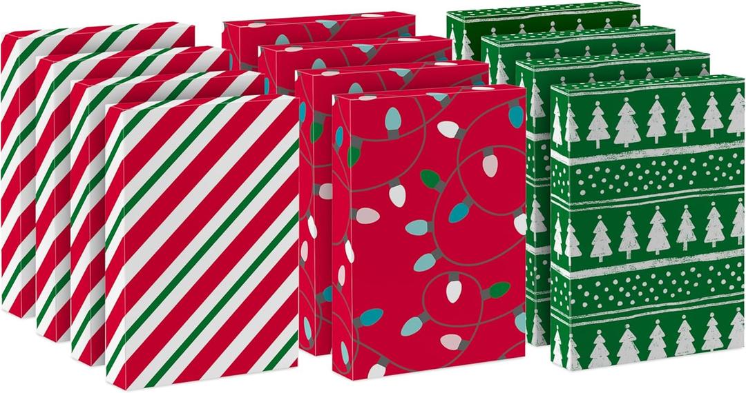 Hallmark Medium Christmas Gift Boxes with Lids (12 Shirt Boxes, 3 Designs: Lights, Trees, Red and Green Stripes) for Christmas, Holiday Parties, Hostess Gifts